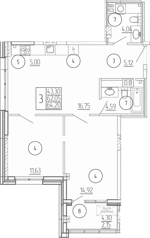 Планировка — Проявление, 3-комн., 62 м²