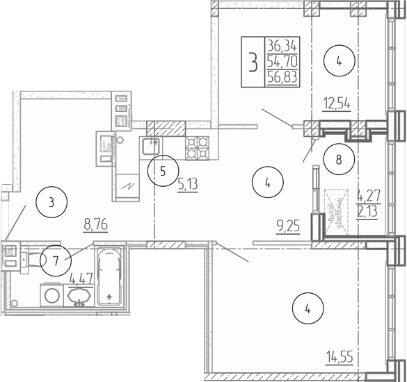 Планировка — Проявление, 3-комн., 55 м²