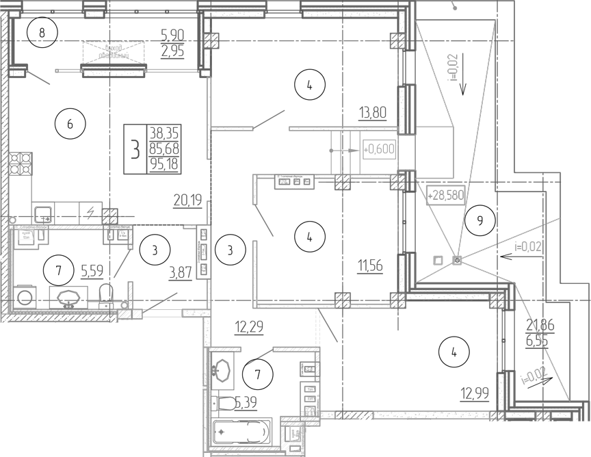 Планировка — Проявление, 3-комн., 86 м²