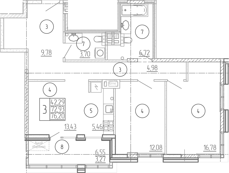 Планировка — Проявление, 3-комн., 73 м²