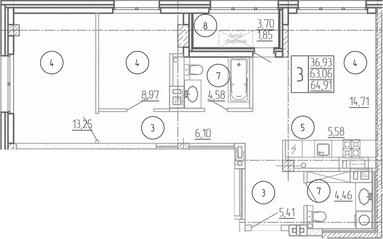 Планировка — Проявление, 3-комн., 63 м²