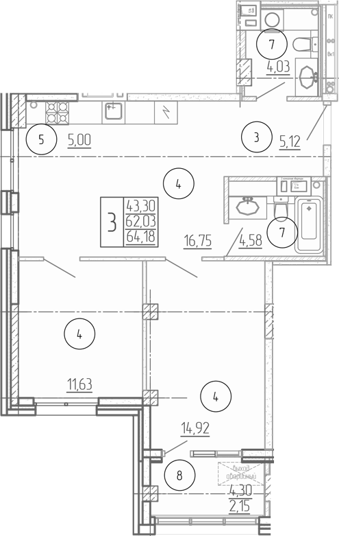 Планировка — Проявление, 3-комн., 62 м²