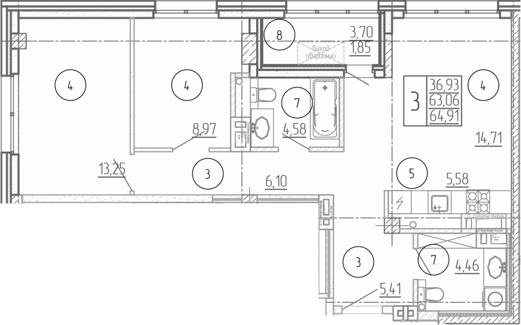 Планировка — Проявление, 3-комн., 63 м²