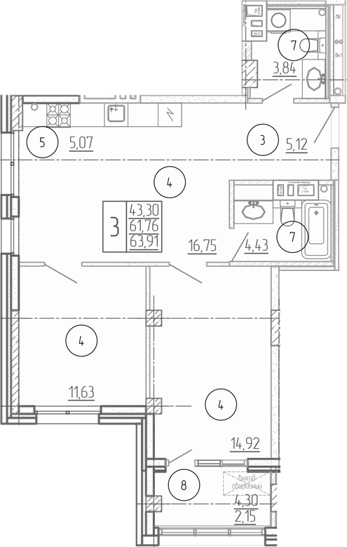 Планировка — Проявление, 3-комн., 62 м²