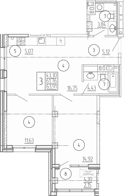 Планировка — Проявление, 3-комн., 62 м²