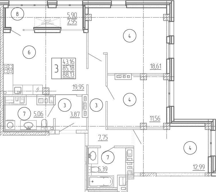 Планировка — Проявление, 3-комн., 85 м²