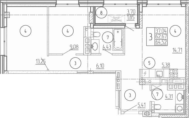 Планировка — Проявление, 3-комн., 63 м²