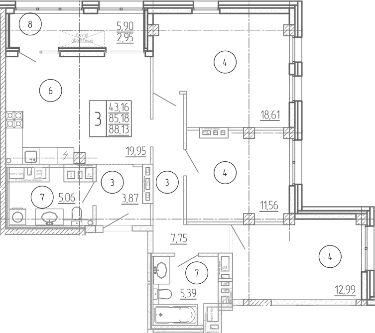 Планировка — Проявление, 3-комн., 85 м²