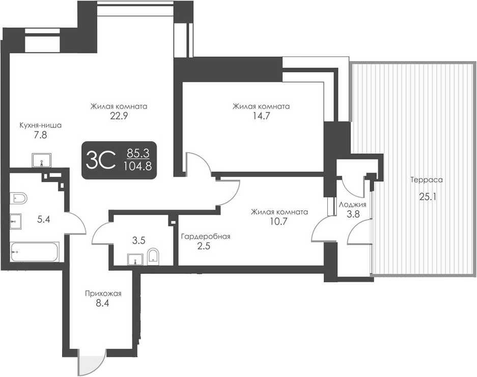 Планировка — Сити Тауэрс, 3-комн., 76 м²
