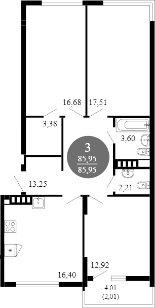 Планировка — 1799, 3-комн., 86 м²
