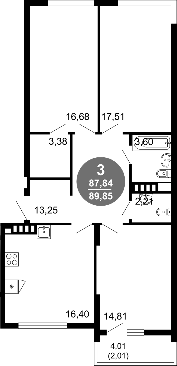 Планировка — 1799, 3-комн., 88 м²