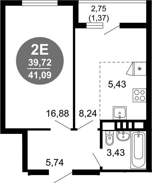 Планировка — 1799, 2-комн., 40 м²