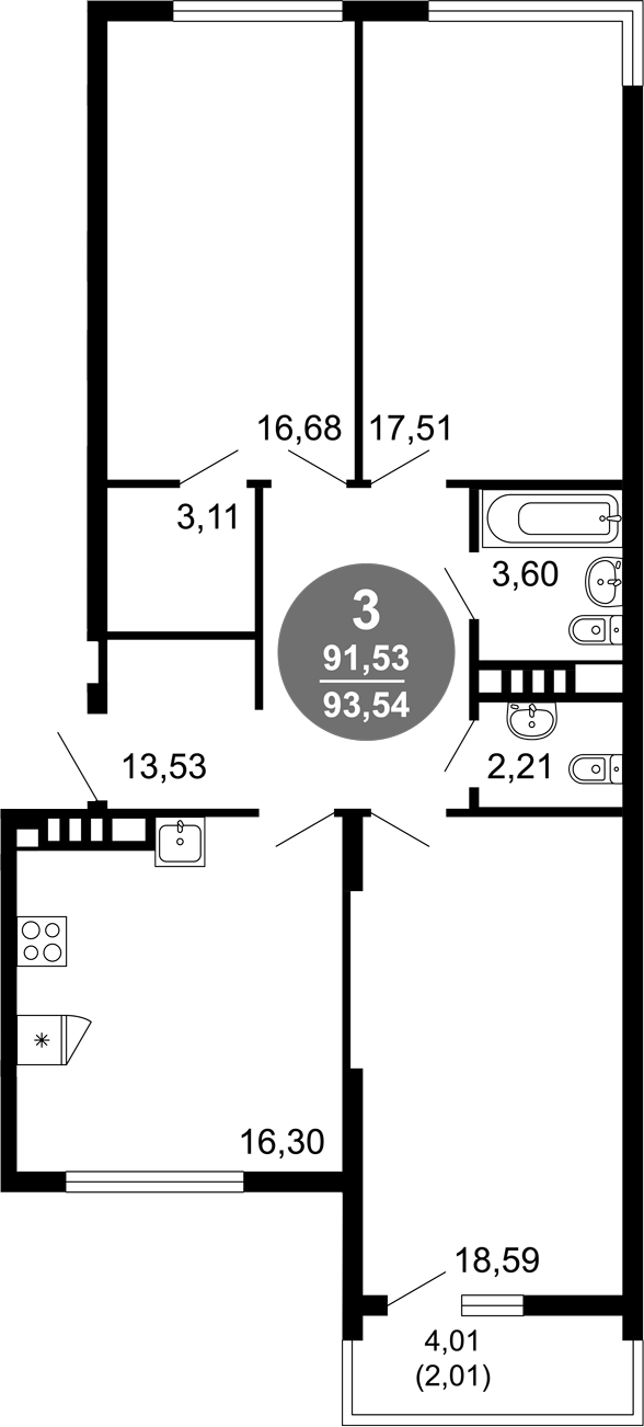Планировка — 1799, 3-комн., 92 м²