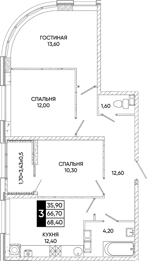Планировка — Левобережье, 3-комн., 67 м²