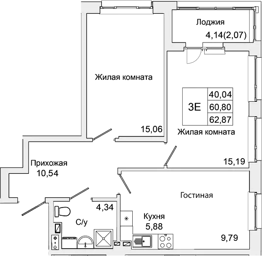 Планировка — Булгаков, 3-комн., 61 м²