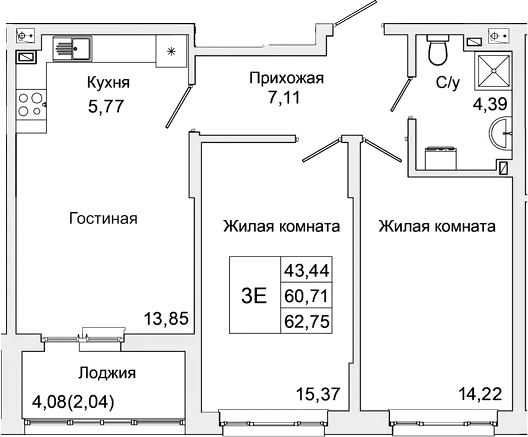 Планировка — Булгаков, 3-комн., 61 м²
