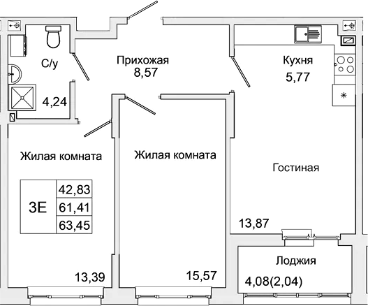 Планировка — Булгаков, 3-комн., 61 м²