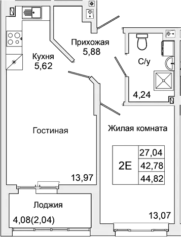 Планировка — Булгаков, 2-комн., 43 м²