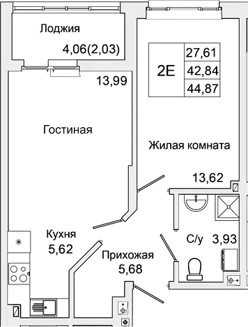 Планировка — Булгаков, 2-комн., 43 м²