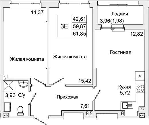 Планировка — Булгаков, 3-комн., 60 м²