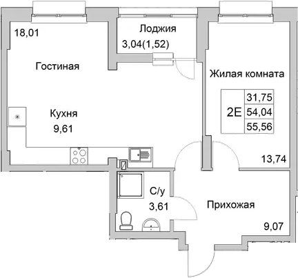 Планировка — Булгаков, 2-комн., 54 м²