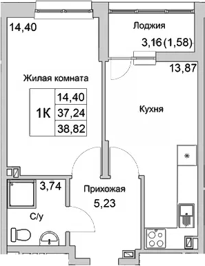 Планировка — Булгаков, 1-комн., 37 м²