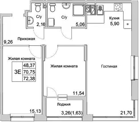 Планировка — Булгаков, 3-комн., 71 м²