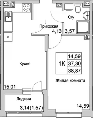Планировка — Булгаков, 2-комн., 37 м²