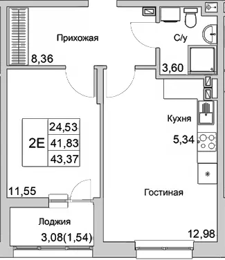 Планировка — Булгаков, 2-комн., 42 м²