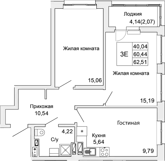 Планировка — Булгаков, 3-комн., 60 м²