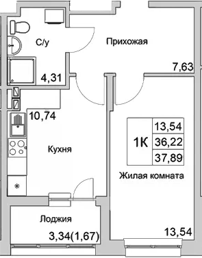 Планировка — Булгаков, 1-комн., 36 м²