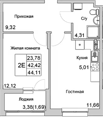 Планировка — Булгаков, 2-комн., 42 м²
