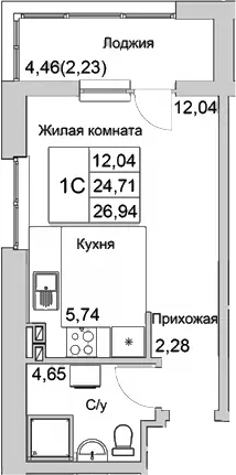 Планировка — Булгаков, Студия, 25 м²