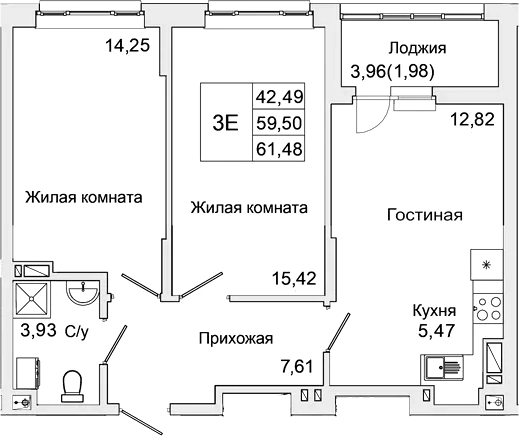 Планировка — Булгаков, 3-комн., 60 м²
