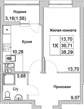 Планировка — Булгаков, 1-комн., 37 м²