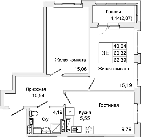 Планировка — Булгаков, 3-комн., 60 м²
