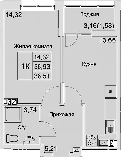 Планировка — Булгаков, 1-комн., 37 м²