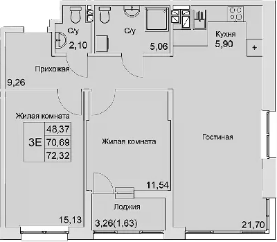 Планировка — Булгаков, 3-комн., 71 м²