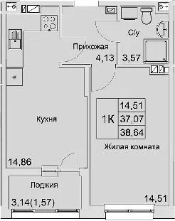 Планировка — Булгаков, 1-комн., 37 м²