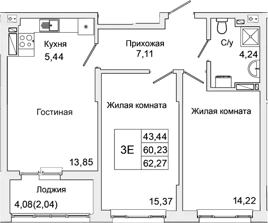 Планировка — Булгаков, 3-комн., 60 м²
