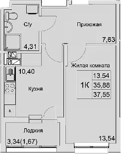 Планировка — Булгаков, 1-комн., 36 м²
