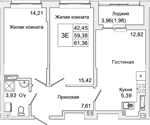 Планировка — Булгаков, 3-комн., 59 м²
