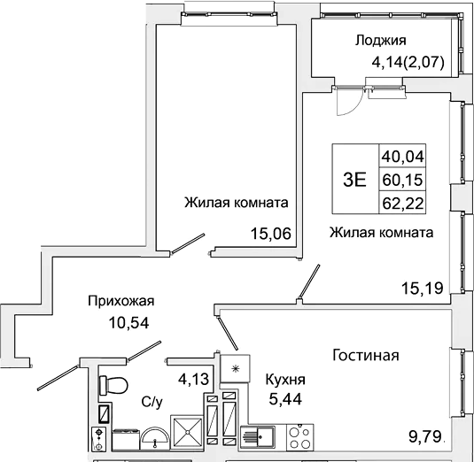 Планировка — Булгаков, 3-комн., 60 м²