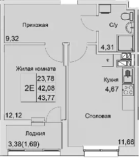 Планировка — Булгаков, 2-комн., 42 м²