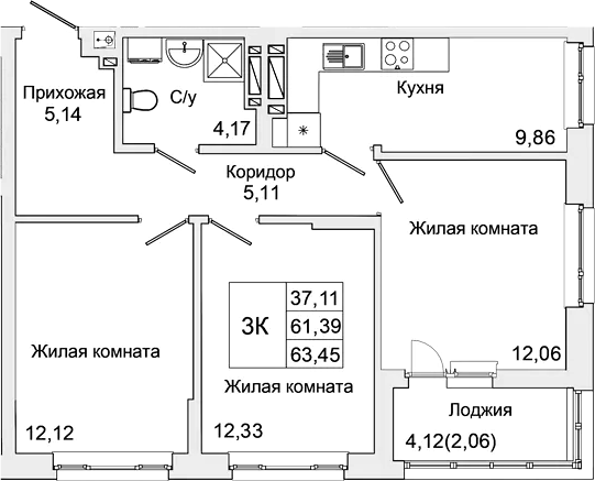 Планировка — Булгаков, 3-комн., 61 м²