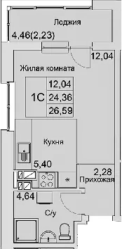 Планировка — Булгаков, Студия, 24 м²