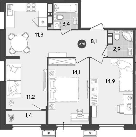 Планировка — Порто-Ново, 3-комн., 66 м²