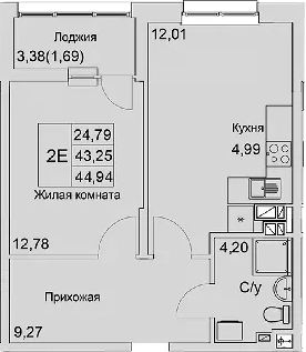 Планировка — Булгаков, 2-комн., 43 м²