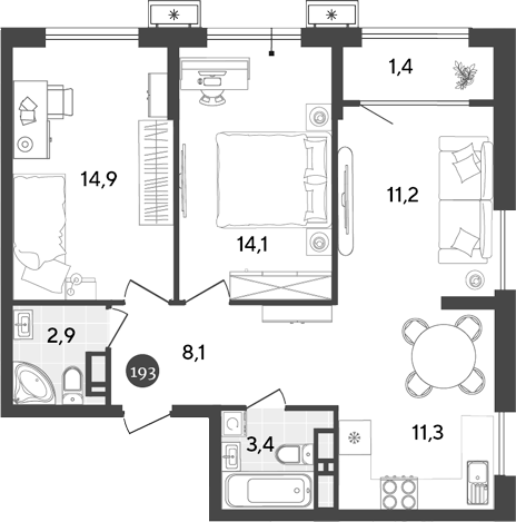 Планировка — Порто-Ново, 3-комн., 66 м²