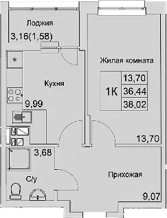 Планировка — Булгаков, 1-комн., 36 м²